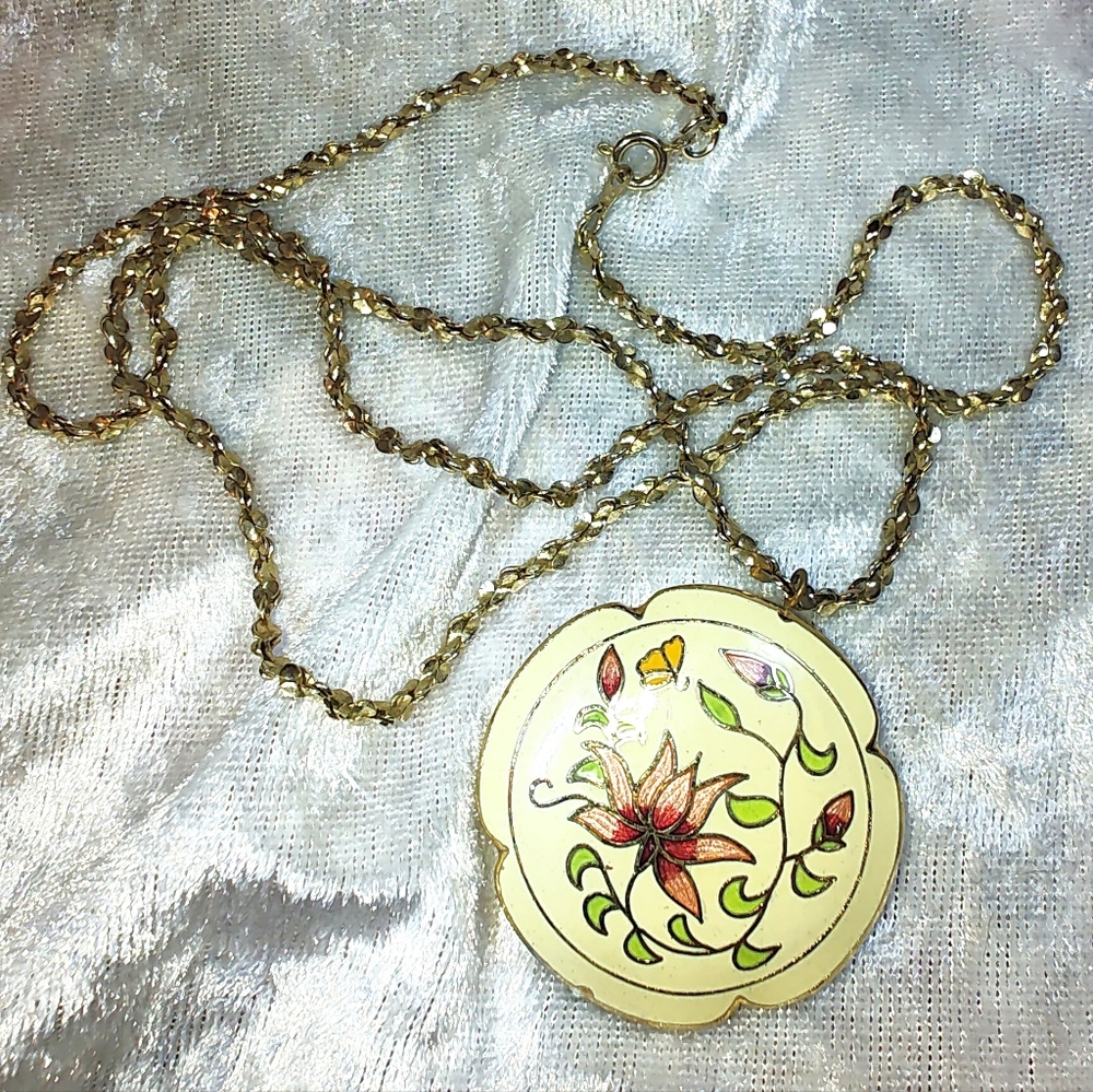 Cloisonne Floral Cream Puffy Pendant Necklace - Gold Tone Link Chain Incld